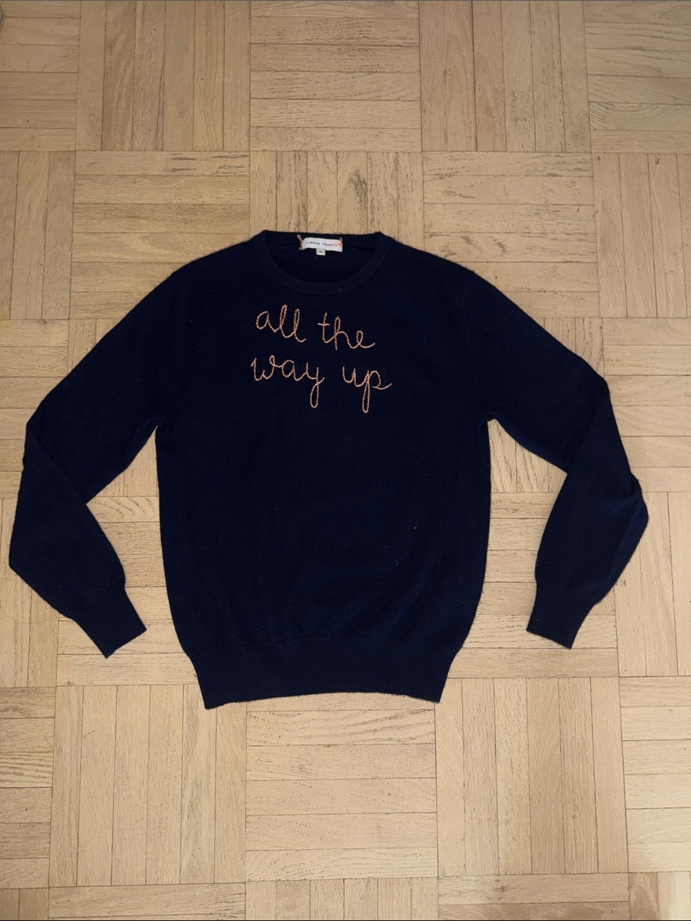Lingua Franca Navy Crewneck Sweater with “all the way up” Embroidered Script